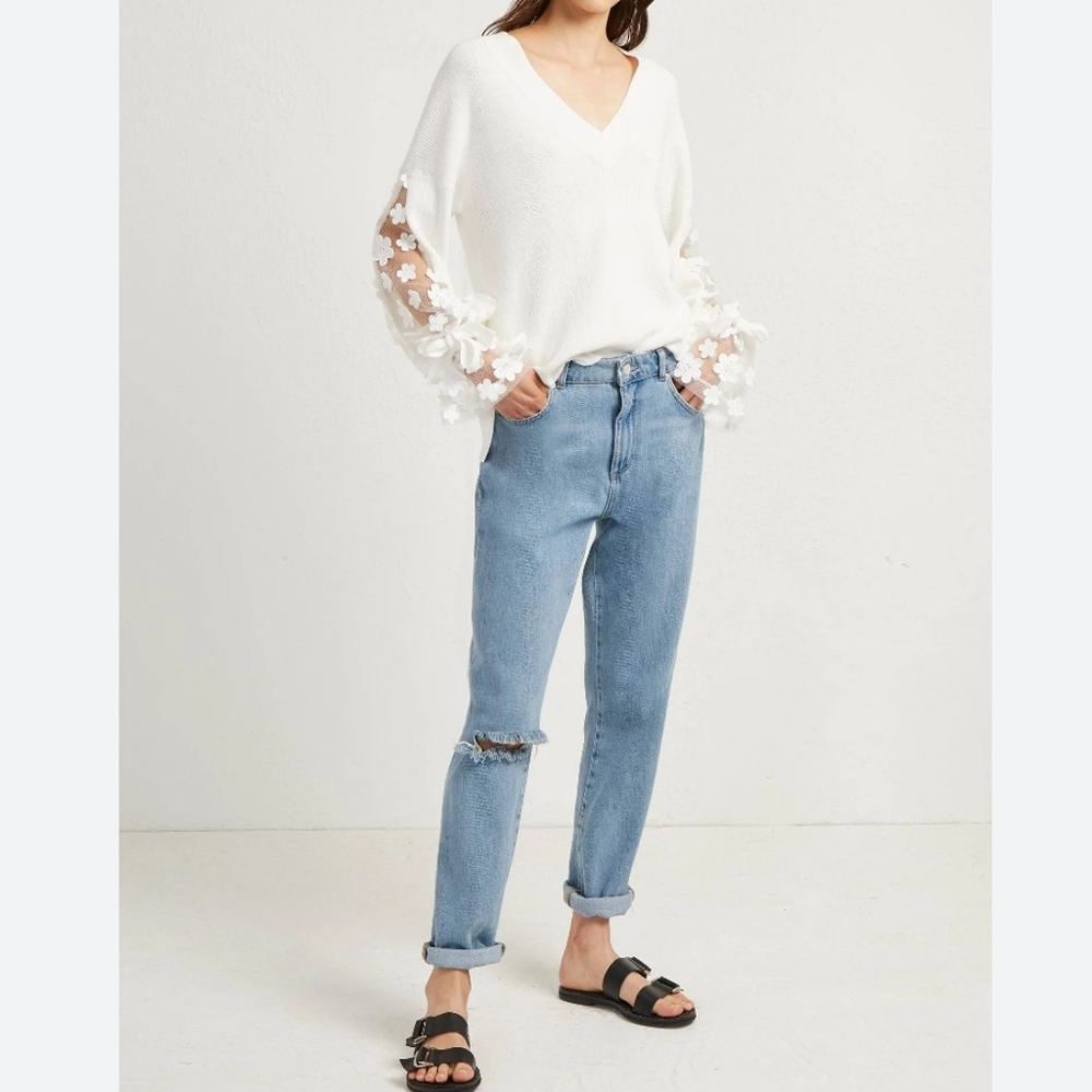 FRENCH CONNECTION Caballo Floral-Lace Sleeve Sweater ~ L - Picture 3 of 12